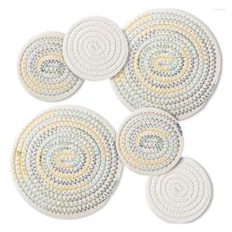 Table Mats 6 Pcs Potholders Trivet Set 4.3 & 7 Inch Cotton Weave Round Pads For Kitchen Pot Cup Dishes White Colorful