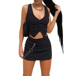 Casual Dresses Women Two-piece Clothes Set Black Stripe Printed Pattern V-neck Tank Tops And A-line Style Skirt S M L