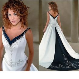 Elegant Satin Embroidery Wedding Dresses Sequins Beaded V-Neck A Line White And Dark Navy Bridal Gown Open Back Court Train Vestido De Novia 2024