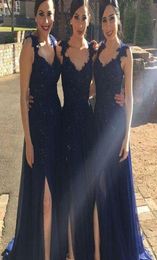 Maid Of Honour Dresses For Bridesmaids Dark Navy Blue Chiffon Appliques Lace Vneck Split Side Sexy Aline Bridal Party Gowns For W7706800