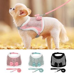 Dog Collars Cute Bowtie Harness And Leash Set Bling Rhinestone Puppy Cat Vest Warm Fur Padded Vests With Pet Walking Rope