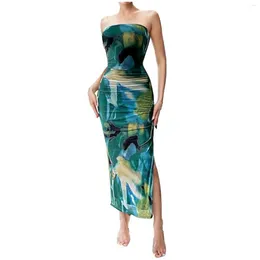 Casual Dresses Women'S Bodycon Fashion Strapless Slim Fit Sleeveless Print Dress With Slit Down Sexy Outfits Ladies Birthday Party Club