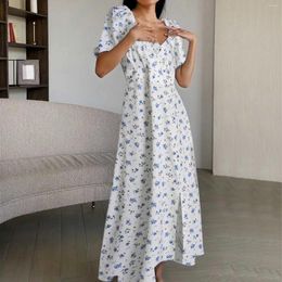 Casual Dresses Womens Sexy V Neck Puff Sleeves Dress Elegant Floral Printed Wrap Bust Midi Summer Swing Outfits For Women 2024