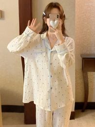 Women's Sleepwear Sleep Sleeve Set Dot Simple Pyjama Korean Long Home Round Women Tops Couple Elegant Winter Cotton Colour Kawaii Autumn