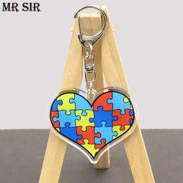 Keychains Lanyards Autism Awareness Cartoon Keychain Ribbon Puzzle Love Helps Improve Theme Fashion Acrylic Cute Q240403