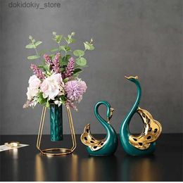 Arts and Crafts Liht Luxury A Pair Swan Couple Decorations Ceramic Crafts Ceramic Vase Animal Statue Desktop Ornaments Modern Home DecorationsL2447