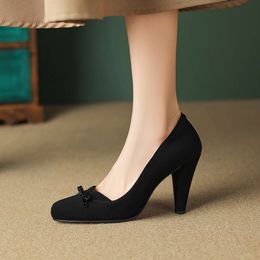 T-stage Runway High Heels Thick Heel Bow Sheep Suede Shallow Cut Single Shoe French Genuine Leather Shoes for Women