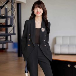 Women's Two Piece Pants Womens elegant underwear set paired with a double layered jacket and mens two-piece set fashionable and formal work clothesC240407