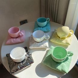 Cups Saucers Ins Girl Heart Creative Solid Dazzle Colour Milk Fat Pillow Shape Ceramic Coffee Cup Dish Set Makaron Afternoon Tea