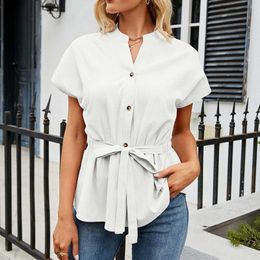 Women's Blouses Women Short Sleeve Blouse Simple Shirts Solid Colour Lapel Tie Waist Button Irregular Shirt Youth Female Clothing