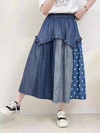 Skirts Harajuku Fashion Denim Long Women Japanese Style Elastic Waist Polka Dots Striped Patchwork Jean Mori Girl