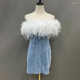 Party Dresses Women Denim Dress Bodycon Mini Vestidos Elegant Sleeveless Jeans Ladies Female Banquet Tube With Feathers