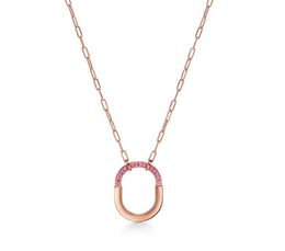 Designer's Brand S925 Sterling Silver Necklace New High Version Lock Head Chain Pink Diamond U-shaped Womens Fashion Simple Collar 2K5N