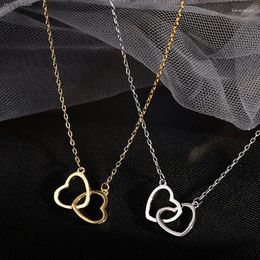 Chains 1pc European And American Fashion Double Ring Titanium Steel Heart Shaped Simple Temperament Necklace Women Hollow Collar Chain