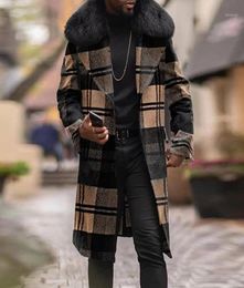 Men039s Wool Blends Fur Collar Woollen Coats Men Brown Plaid Print Overcoat Male Winter Thermal Clothes Outwear Warm Long Wind5447567