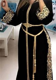 Вечерний V-образный с длинным рукавом золотой аппликация черная халат ремень жемчужный марокканский кафтан арабский платье высокая вышивка кружево 240326