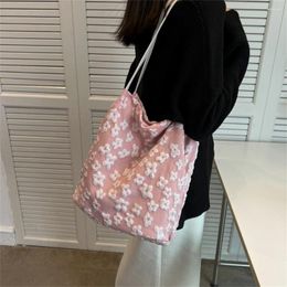 Shopping Bags Casual Reusable Women's Shoulder Bag Soft Cotton Linen Embroidery Flower Handbag High Capacity Tote Satchel