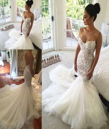 2021 Sexy Gorgeous Plus Size Mermaid Dresses Wedding Spaghetti Straps Lace Appliques Crystal Beaded V Back Court Train Tulle Brida1568475