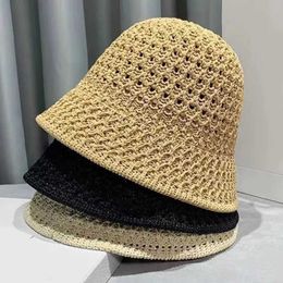 Wide Brim Hats Bucket Hats Summer hat round top bucket hat wide conical beach hat foldable knitted hollow handmade sunshade hat free delivery item for women Q240403