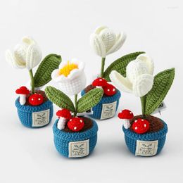 Decorative Flowers Hand Crochet Flower Pot Woven Potted Plant Tulip Knitted LED Handmade DIY Crafts Home Office Desktop Decoration