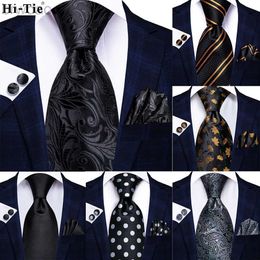 Neck Ties Hi-tie Design Black Solid Dot Silk Wedding Tie For Men Hanky Cufflink Gift Men Necktie Gravata Set Fashion Business Dropshipping 240407