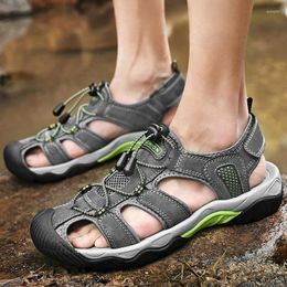 Casual Shoes HIKEUP Men Outdoor Leisure Top Layer Cowhide Beach Sandals Hiking Rubber Soles Sweat-Absorbing Summer