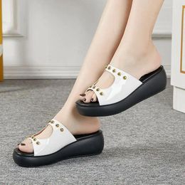 Slippers Summer Shoes For Women 2024 Roman Rivet Women's Platform Bright Leather Open Toe Casual Ladies Wedge