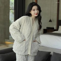 Home Clothing V-Neck 2PCS Sleep Set Homewear Women Intimate Lingerie Casual Pyjamas Suit Long Sleeve Flannel Nightwear White Novelty Pyjamas