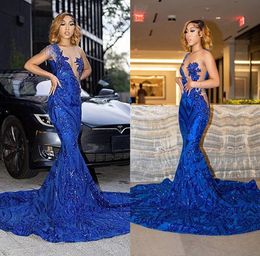 Stunning Royal Blue Mermaid Prom Dresses Sexy Sheer Neck Sequins Appliques 2k23 Black Girls Party Evening Gowns Plus Size BC154788908905