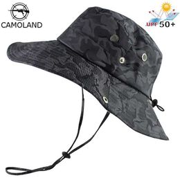 Wide Brim Hats Bucket UPF 50+Bucket Hat Mens Bob Boonie Summer UV Protection Camo Military Hiking Tactical Outdoor Sun Q240403