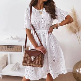 Party Dresses White Casual Solid Cotton Hollow Out Summer Dress Women Ruffled High Waist A-line Office Lady 2024 Fashion Woman