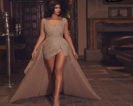 Sequin Short Prom Dresses with Detachable Train V Neck Ruched Backless Evening Gown Asymmetrical Celebrity Robe De Soiree5714591