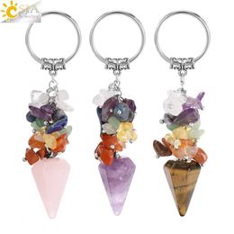 Keychains Lanyards CSJA Meditation 7 Chakra Crystal Keychain Natural Stone Cone Pendant Stainless Steel Ring Card Bracket Accessories Jewelry H342 Q240403