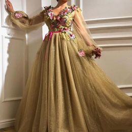 Gold Tule A Line Long Sleeve Elie Saab Evening Dresses Long Muslim Gowns 2019 New Arabic Sexy Prom Dresses For Birthday E0207547385