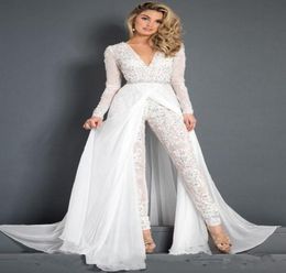 2019 New Lace Chiffon Wedding Dress Jumpsuit With Train Modest Vneck Long Sleeve Beaded Belt Skirt Beach Casual Jumpsuit Bridal G3887329
