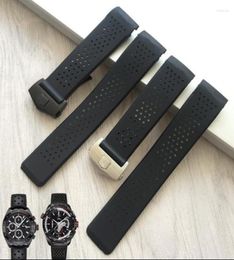 Watch Bands Durable Black Porous Silicone Rubber Watchband 22mm 24mm Folding Buckle Curved End Strap For Grand Carrera With Logo Hele221592409