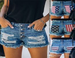 2022 Women Jeans Fashion Clothing Sexy Aman Flag Print Broken Hole Washed Pants A Row Of Button Denim Shorts6414800