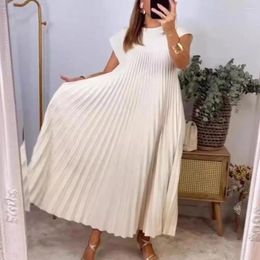 Casual Dresses Round Neck Long Skirt Elegant Midi Dress For Women Soft Breathable A-line Summer With Pleated