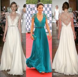 2019 Evening Gowns Lace Chiffon Kate Middleton In Jenny Packham Deep V Neck with Capped Short Sleeves Sheer Back Celebrity Dresses3611633