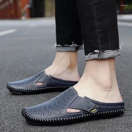 Casual Shoes High Quality Leather Summer Men Slippers Luxury Handmade Half For Light Non-slip Driving Loafers Mocassin