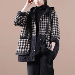 Women's Jackets Leisure Harajuku Plaid Hooded Jacket For Women Cotton Linen Loose Fitting Pilot Street Wear Printed Patchwork Tweed