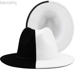 Wide Brim Hats Bucket Hats Black White Patchwork Wool Felt Jazz Fedora Hat Women Unisex Wide Brim Panama Party Trilby Cowboy Cap Men Gentleman Wedding Hat 240407