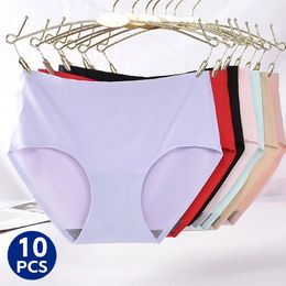 SURAEVA 10PcsSet Womens Panties Plain Ice Silk Briefs for Female Solid Seamless Lingerie Plus Size Underwear Ladies S3XL 240407