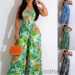 New leaf print wrap off shoulder wide leg jumpsuit