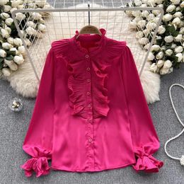 Women's Blouses 2024 Spring Office Lady Sweet Pleated Ruffled Loose Shirt Autumn Single-Breasted Puff Long Sleeve Black Tops