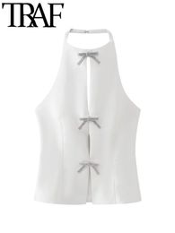 TRAF GAL Shiny Diamonds Bow Women White Camis Summer Hollow Out Sleeveless Backless Slim Halter Female Crop Top Y2K Tanks 240326