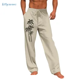 Men's Pants Casual Loose Trousers Comfortable Cool Cotton Linen Simple Hawaiian Themed Print Drawstring Wide Leg