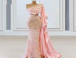 Chic Pink Mermaid Evening Dresses One Shoulder Lace Appliques Party Gowns Women Prom Dress Front Split Floor Length Elegant Robe D3278457