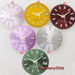 Kits Bliger 28.5MM Luminous Pink Silver Yellow Watch Dial Fit NH35 NH36 Automatic Mens watch Silver Marks Date Window