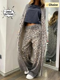 Women's Two Piece Pants 2024 Spring Leopard Print Long Sleeved Cardigan Coat Set Casual Robe Loose